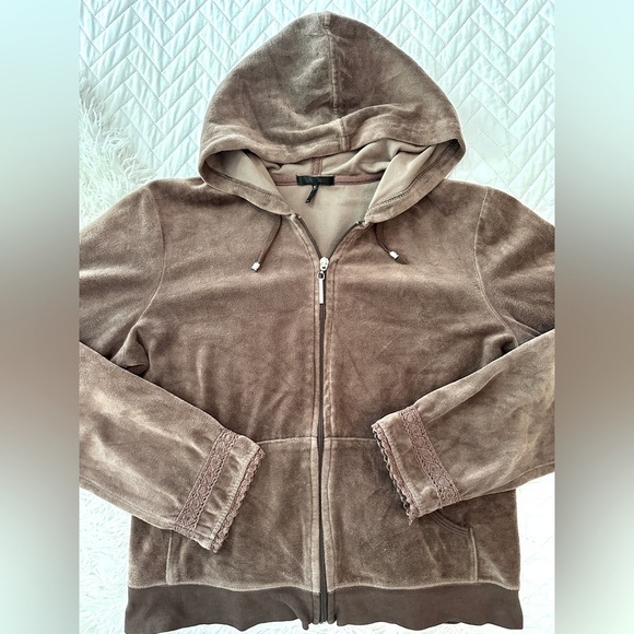 Retro Y2K Daisy Fuentes Brown Velour Zip Hoodie Lace Trim Size M - Picture 3 of 14